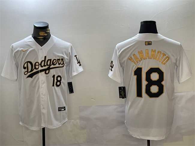 Mens Los Angeles Dodgers #18 Yoshinobu Yamamoto White Gold Home Limited Stitched Jersey